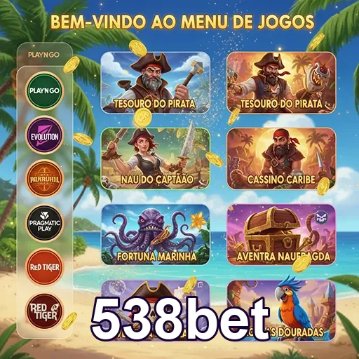 Menu de jogos da 538bet com várias opções de caça-níqueis.