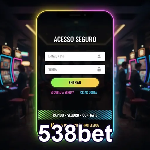 Tela de login do site 538bet com slot games ao fundo.