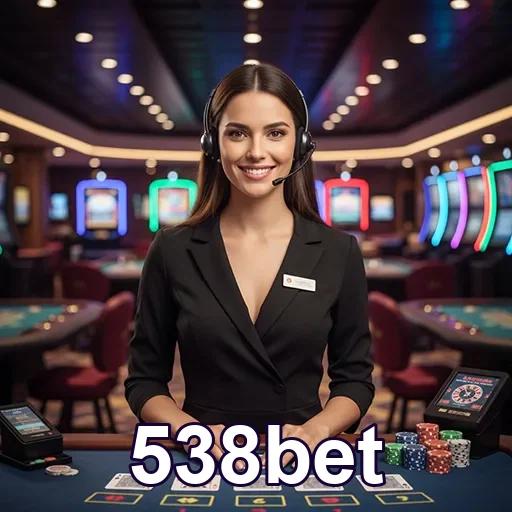Atendente da 538bet em um cassino ao vivo interagindo com jogadores.