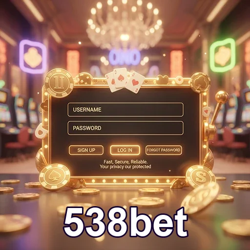 Tela de login segura da 538bet com fichas e cartas.