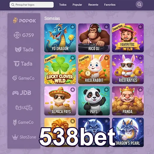 Interface da seção de jogos do 538bet com slots disponíveis.