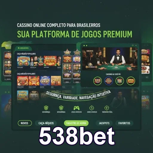 Interface da 538bet com seleção de slots premium e jogos ao vivo.