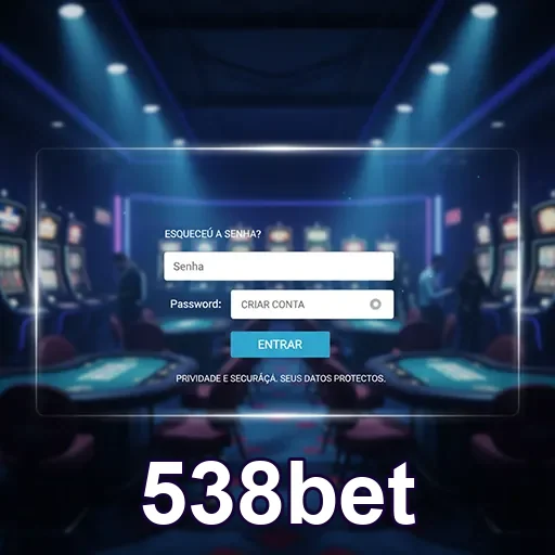Tela de login do app 538bet com jogos de cassino ao fundo.