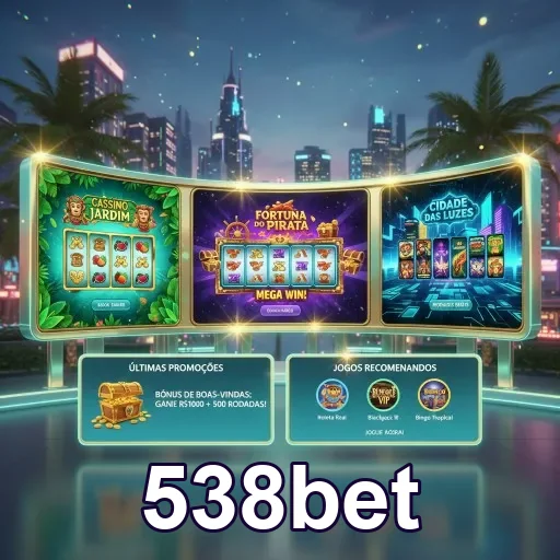 Tela de slots do 538bet com jackpots e promoções visíveis.