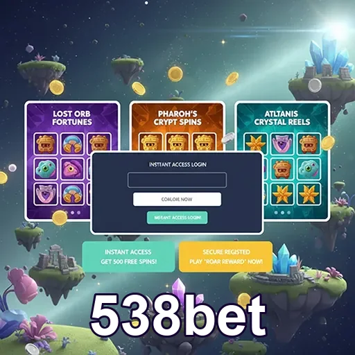 Interface da 538bet com jogos envolvendo slots e login rápido.